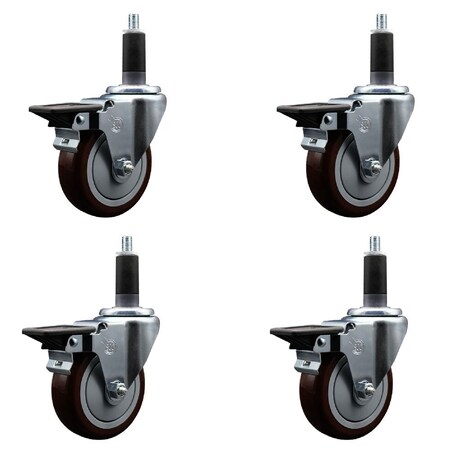 Service Caster 4'' Maroon Poly Swivel 1-1/8'' Expanding Stem Caster Set with Brake, 4PK SCC-EX20S414-PPUB-MRN-PLB-118-4